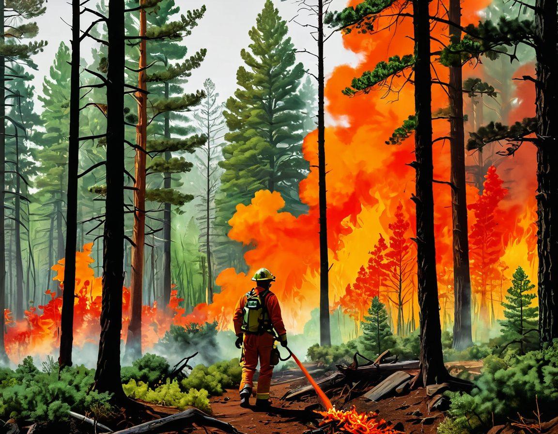A striking illustration of a forest with vibrant green trees, juxtaposed against an orange and red flame to signify wildfire. Include a firefighter in protective gear using a hose, everyone should be focused and determined to prevent the blaze from spreading. In the background, add an educational infographic displaying wildfire prevention tips. The overall atmosphere should blend urgency with knowledge, inspiring both awareness and action. super-realistic. vibrant colors. white background.