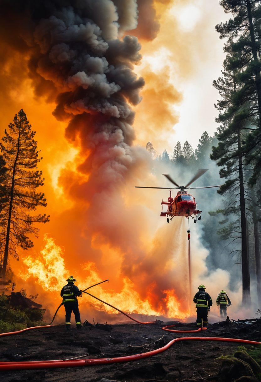 A dramatic scene depicting emergency responders actively battling a fire in a forest, showing firefighters in high-visibility gear using hoses, flames roaring in the background, smoke billowing into the sky, and a helicopter dousing water from above. The image should capture a sense of urgency and teamwork, emphasizing the critical role of emergency services. vivid colors. dynamic composition. action-oriented.
