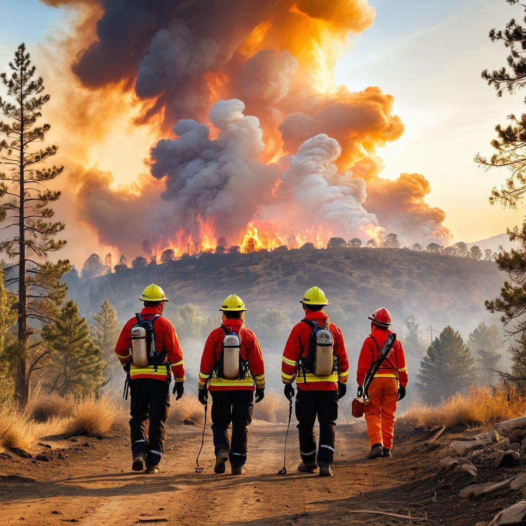 A serene yet alert landscape showcasing a family performing wildfire preparedness at their home, with firebreaks, safety gear, and a checklist in hand. The background reveals a smoky horizon with distant flames, emphasizing the need for action. Bright, warm colors blend with cooler tones to depict contrast between safety and danger. Include elements like a clear sky, a water source nearby, and wildlife in the distance. super-realistic. vibrant colors. cinematic style.